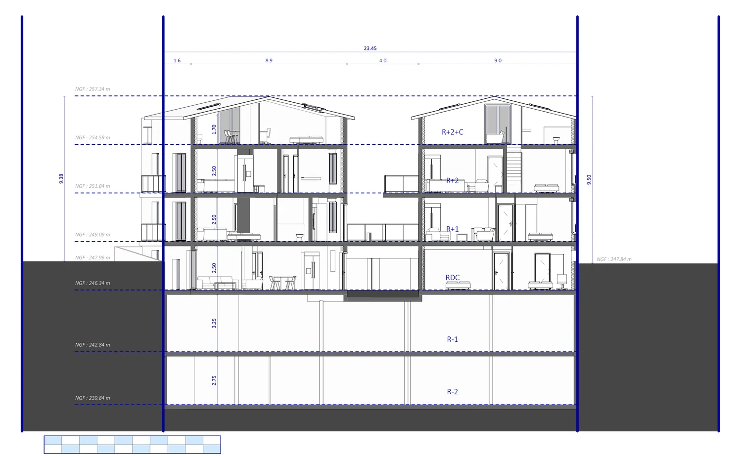 Coupe architecturale d’un dossier de permis de construire pour logements collectifs